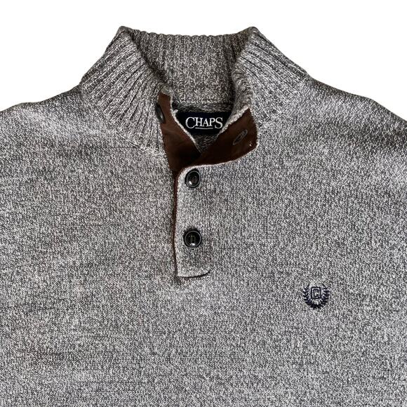 Chaps Henley Sweater Men's Large Gray Knit Pullover Ribbed Hem Elbow Patch Y2K - Picture 2 of 16